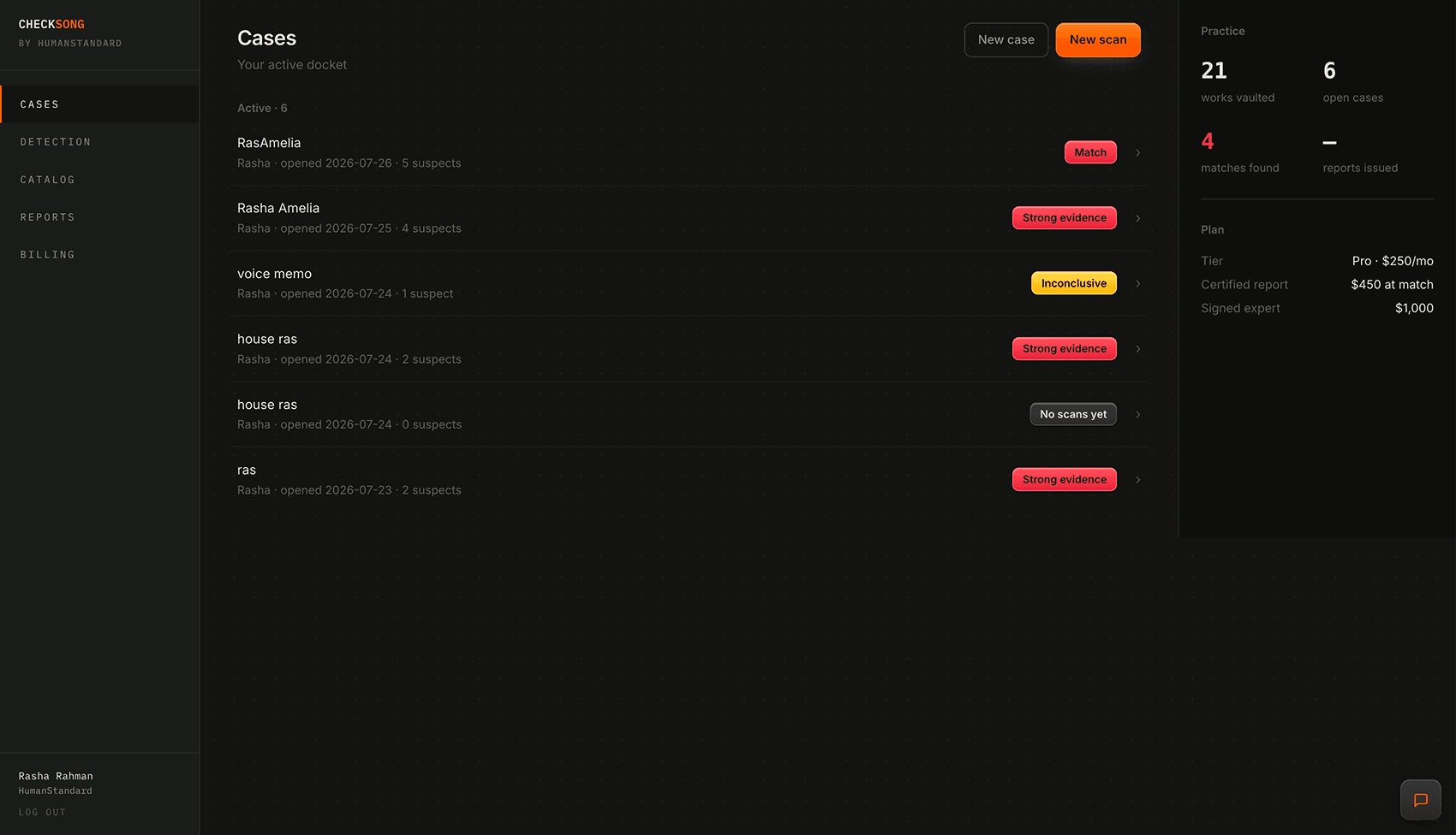 The CheckSong cases view
